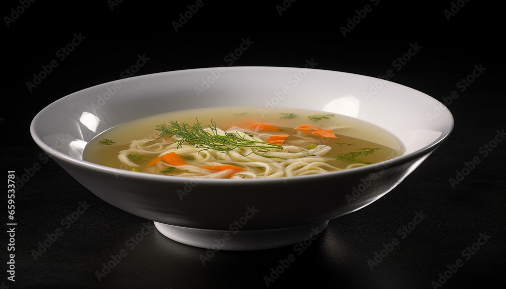 Healthy homemade vegetable noodle soup in rustic crockery bowl generated by AI