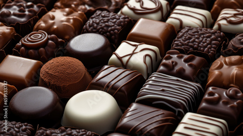 Assorted Chocolate pralines on brown background