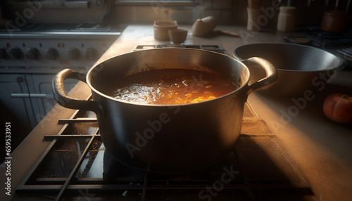 Fresh vegetable stew cooked on stove top in metal saucepan generated by AI