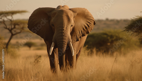 African elephant walking through savannah at sunset generated by AI