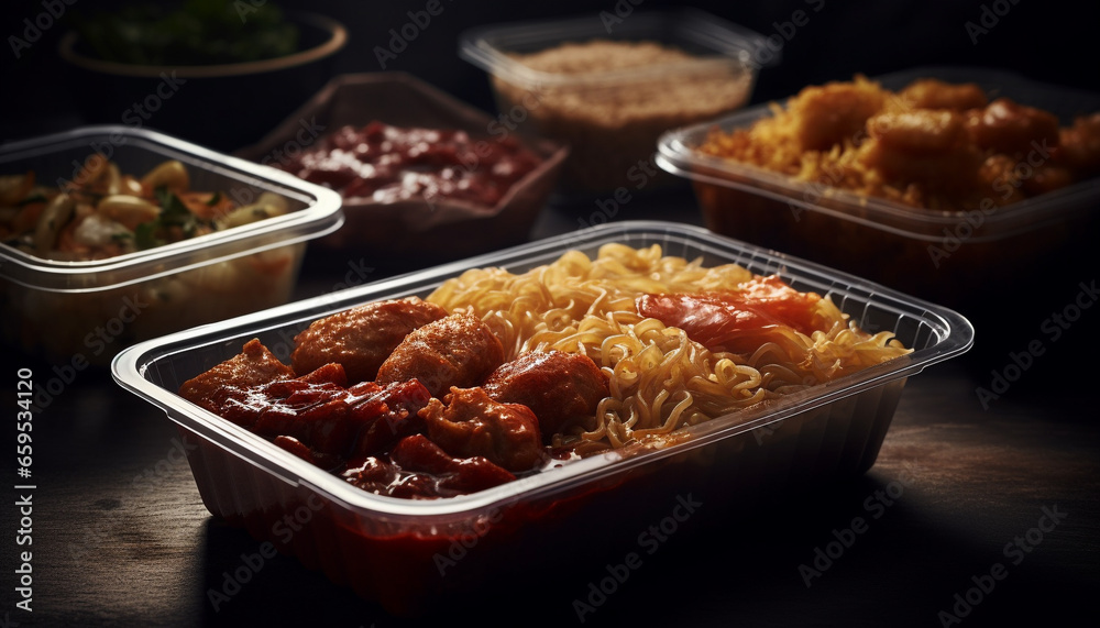 Healthy gourmet meal cooked with savory sauce on rustic wood table generated by AI Healthy gourmet meal cooked with savory sauce on rustic wood table generated by AI