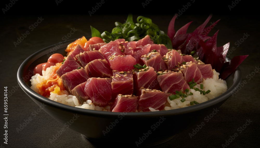 Fresh seafood sashimi and grilled steak on gourmet plate lunch generated by AI Fresh seafood sashimi and grilled steak on gourmet plate lunch generated by AI