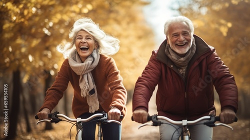 a man riding a bike next to a woman on a bike fall season smiling