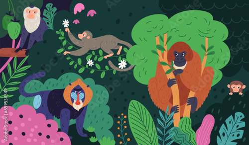 Monkeys in jungle. Funny cartoon animal characters in colorful tropical forest. Exotic primates different breeds. Rainforest foliage. Chimpanzee on tree branch. Garish vector concept