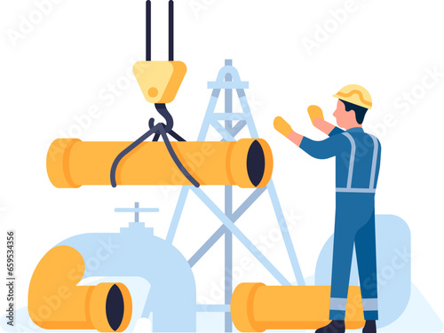 Oil petroleum industry. Pipeline building. Pipe lifting with crane. Professional worker repairing petrol equipment. Refinery plant. Fuel extraction. Engineer in uniform. Vector concept