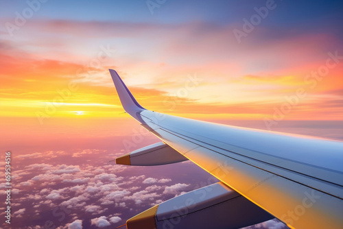 Wing cloud sunset plane high aircraft window transportation blue air travel flight sky