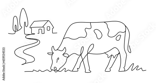 Cow with house line art drawing. Minimalist black linear sketch