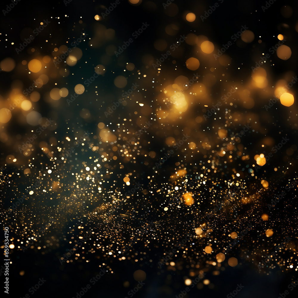 Glistening Festivities, Glowing Golden Dust and Sparkles Set on a Contemporary Black Background, Ideal for Christmas and New Year Celebrations