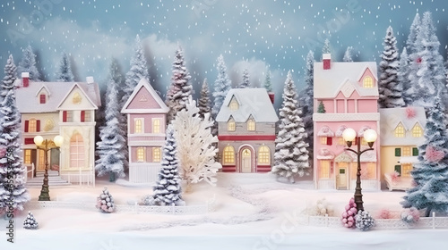 Winter cute town with snow-covered street and cozy houses. Town landscape background  greeting card. Generative AI