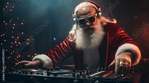 DJ Santa Claus, spinning vinyl at Christmas party. Disco club is adorned with winter season elements, creating a vibrant holiday atmosphere. Christmas tree and festive house music with mixtape.