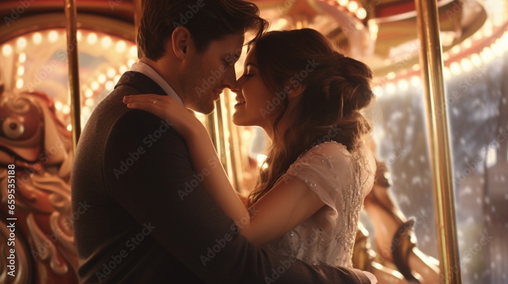A bride and groom sharing a romantic moment on a vintage carousel