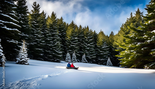 Couple sledding down the mountain framed with pine tree's a blue sky. 