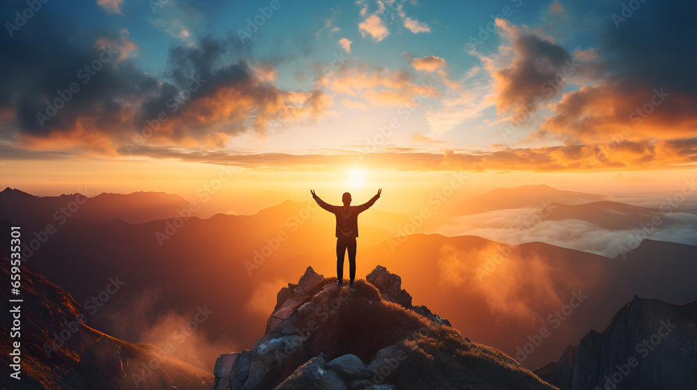 Man standing on top of a mountain with raised hands looking at the sunset - obrazy, fototapety, plakaty 