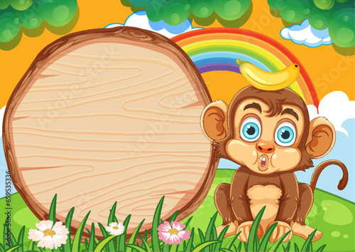 Cute Monkey with Empty Wooden Board