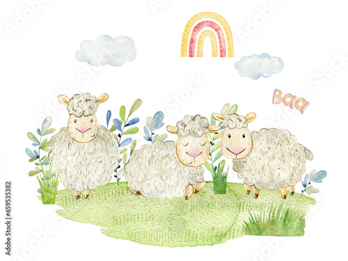 Watercolor poster with sheeps. Composition for greeting card and etc. Wall decor.