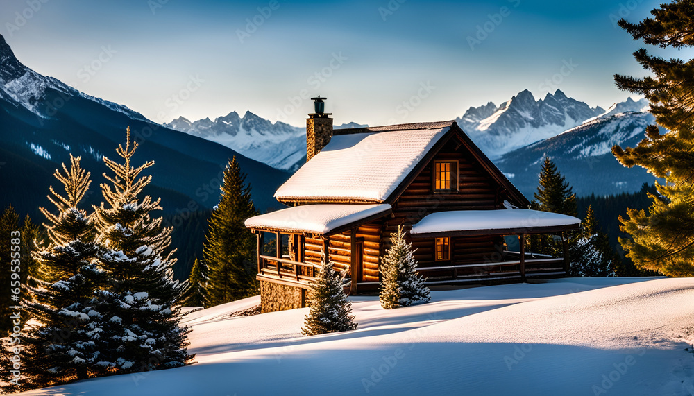 Wooden log cabin in the woods on a hill. Snow covered mountains in the ...