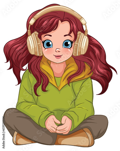 Female youth wearing headset listening to music and sitting on the floor