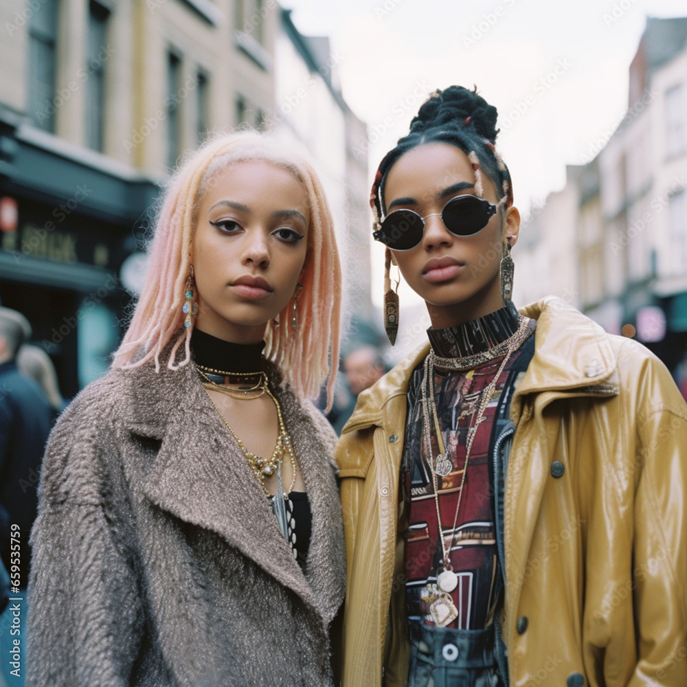Two confident, stylish girls in trendy clothing. Street fashion photo.