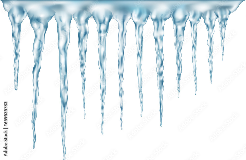 Group of light blue realistic icicles of different lengths connected at the top - obrazy, fototapety, plakaty 