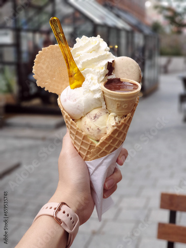Fancy Ice Cream cone with chocolate sauce, Denmark 