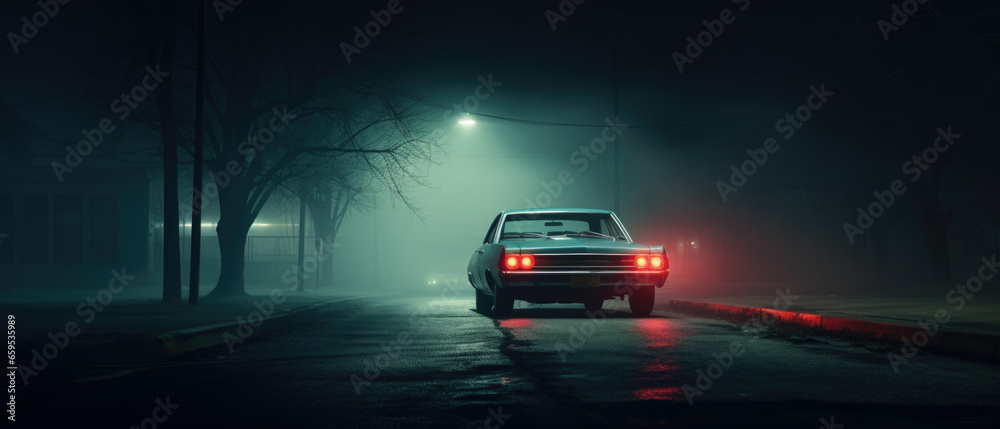 Retro car on night street. Neon color