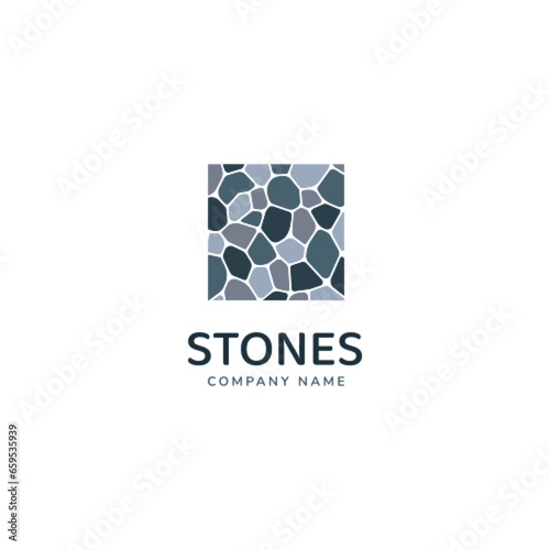 Stones logo template vector illustration. cobblestone logotype concept. Simple square rocks texture isolated on a white background. For exterior, interior designs, business cards, company branding.