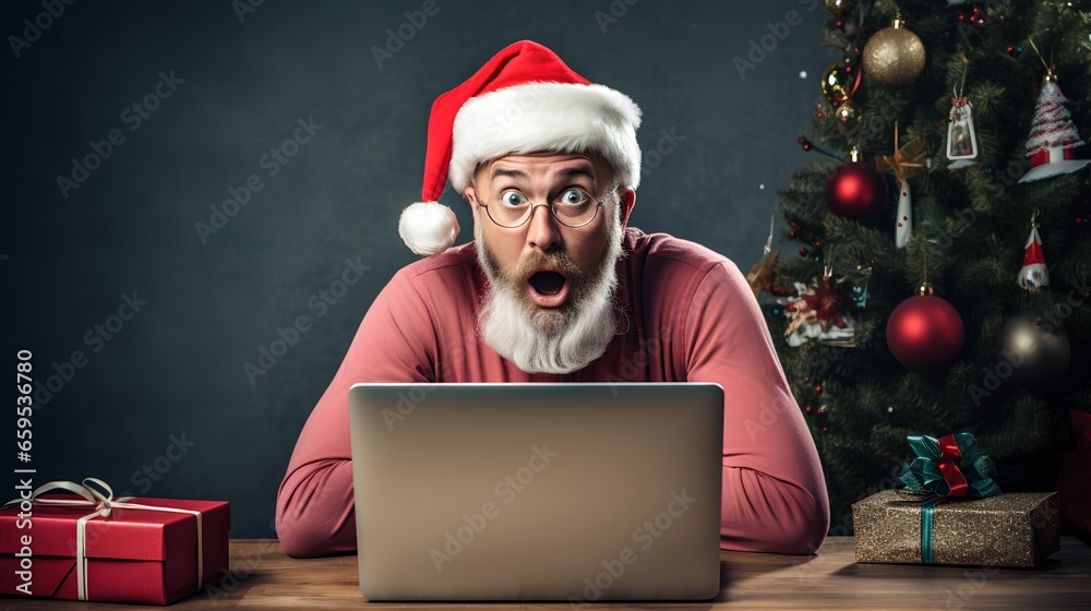 Surprised Santa Claus sitting in front of computer with shock as he reads an expensive Christmas gift list. Digital winter wishlist for presents as modern letter writing. Cozy decorations and tree. Surprised Santa Claus sitting in front of computer with shock as he reads an expensive Christmas gift list. Digital winter wishlist for presents as modern letter writing. Cozy decorations and tree.
