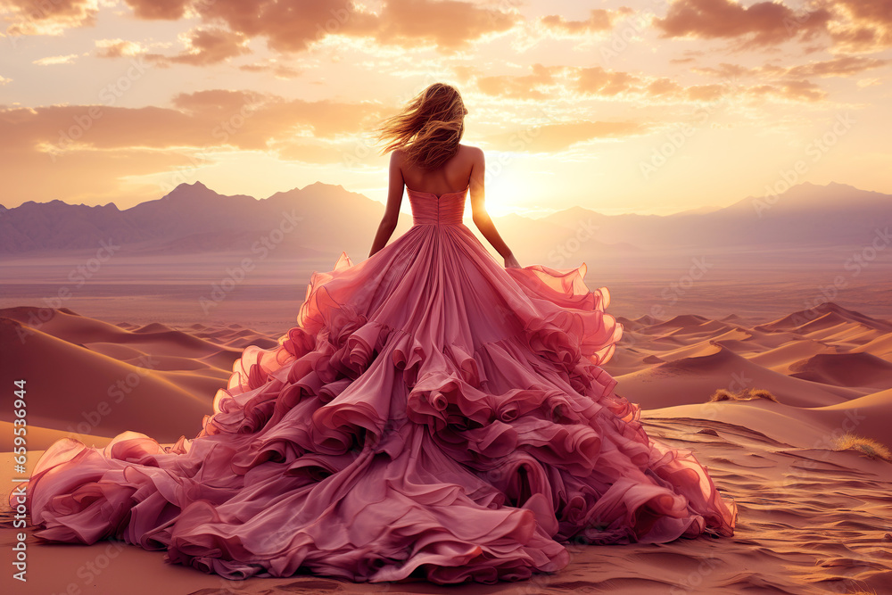 A Young Woman, Her Back Turned, Adorns a Gown with a Remarkably Long Train, Under the Setting Sun in the Heart of the Desert A Young Woman, Her Back Turned, Adorns a Gown with a Remarkably Long Train, Under the Setting Sun in the Heart of the Desert