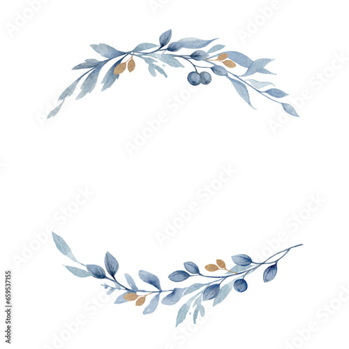 A watercolor vector wreath with dusty blue flowers and branches.