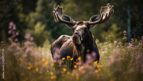 Elk grazing in meadow, beauty in nature generated by AI
