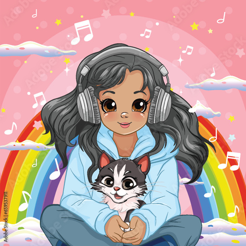 Girl holding pet sitting on the floor listening to music with headset
