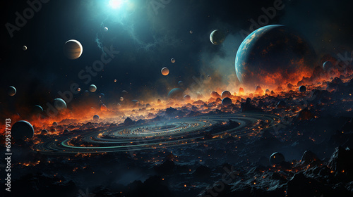 Solar system planets depicted in a psychedelic cyberpunk galaxy  the planets are 3d generative ai