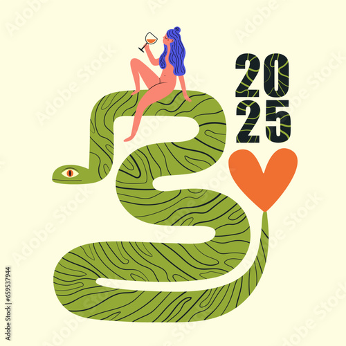 Vector illustration with green snake and woman drinking wine from wineglass. New Year greeting card template, wall decoration party poster