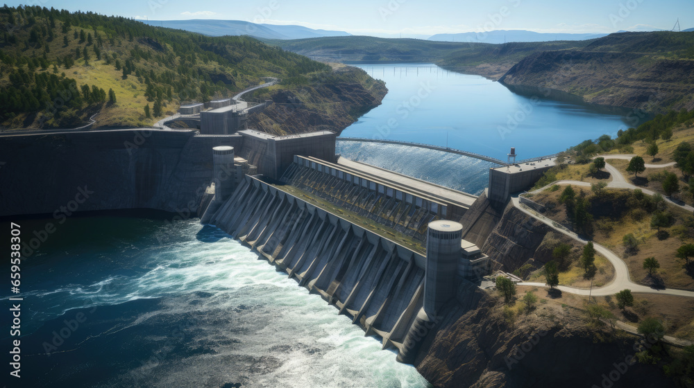 modern large hydroelectric power station on the river, bird's eye view from above, alternative renewable energy source, safe, electricity, eco-friendly, natural resource, water flow, stream, blue sky