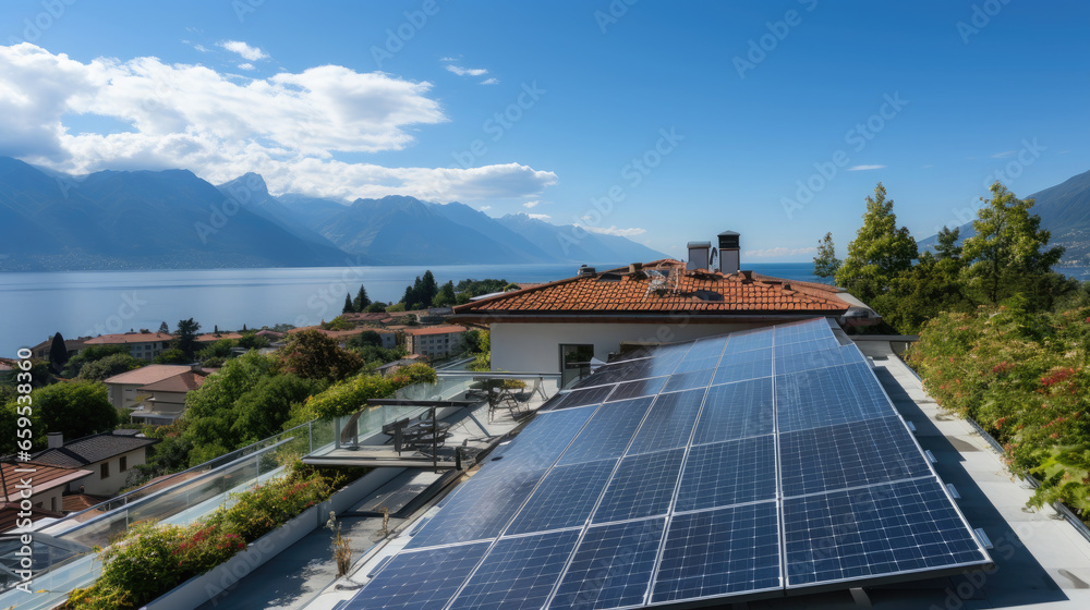 solar panels on the roof of a residential private building, alternative energy source, electricity, sun, autonomous house, eco-friendly, green, clean power, modern technology
