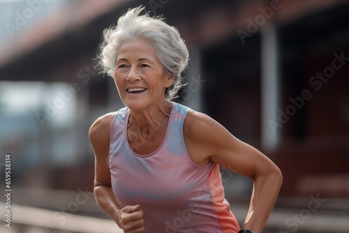 middle-aged woman in blue T-shirt running through the city, healthy living concept