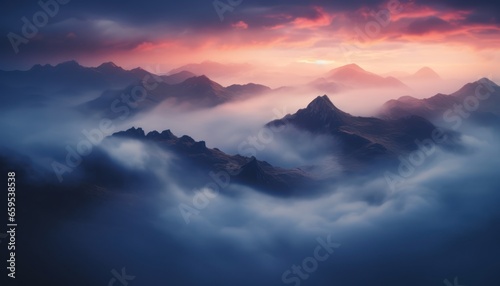 Photo of a majestic mountain range shrouded in mist and clouds