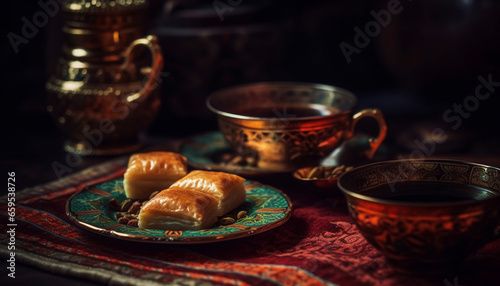 Baklava on wooden plate, Turkish culture dessert generated by AI