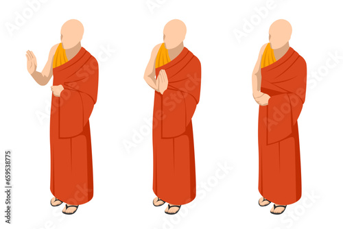 Isometric Buddhist monks Religion and its representatives isolated on white background. Religion and its representatives