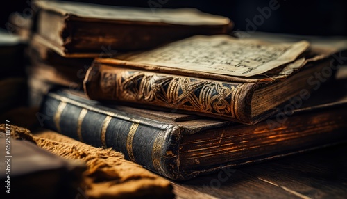 Photo of a stack of vintage books on a rustic wooden table