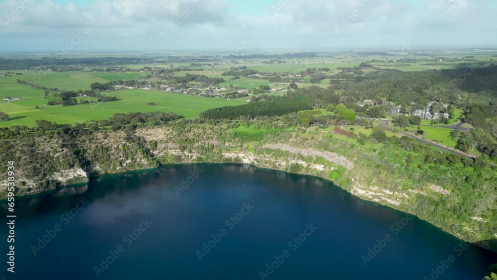 Aerial daytime view of the Blue Lake in Mt Gambier, South Australia Aerial daytime view of the Blue Lake in Mt Gambier, South Australia