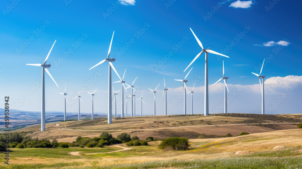 tall modern wind power plants stand along the road, landscape, network, alternative energy source, green, clean, renewable, electricity, natural, eco-friendly, sky, space for text tall modern wind power plants stand along the road, landscape, network, alternative energy source, green, clean, renewable, electricity, natural, eco-friendly, sky, space for text
