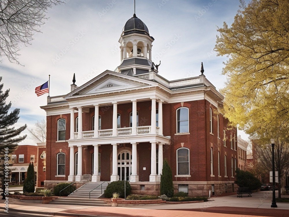 A vintage 1950s courthouse located in a serene small town, exuding historic charm.