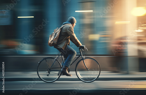 cyclist in traffic on the city roadway motion blur bicycle sunrise © Katarzyna