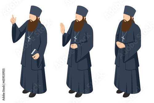 IsometricChristian priest in robes. Religion and its representatives isolated on white background. Religion and its representatives