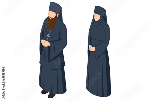 IsometricChristian priest, Orthodox nun in robes. Religion and its representatives isolated on white background. Religion and its representatives