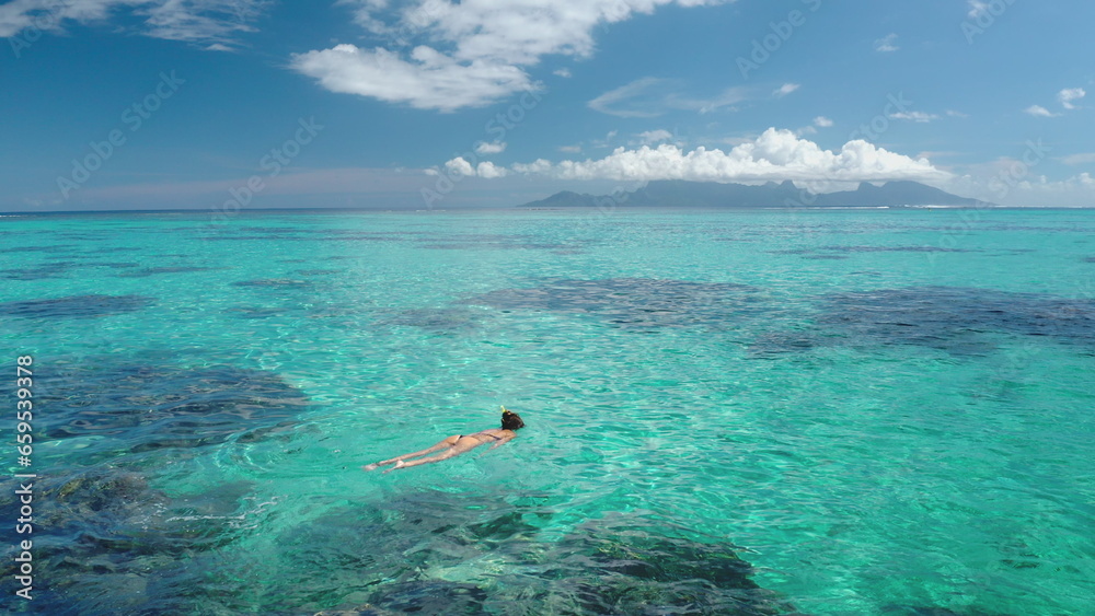 Woman snorkeling crystal clear turquoise water coral barrier reef, sunny day. Slim girl in bikini enjoy outdoor lifestyle travel summer holiday vacation. Tahiti, Polynesia. Aerial top view, drone shot