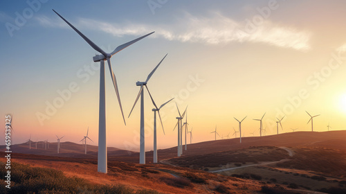 tall modern wind power plants stand along the road  landscape  network  alternative energy source  green  clean  renewable  electricity  natural  eco-friendly  sky  space for text