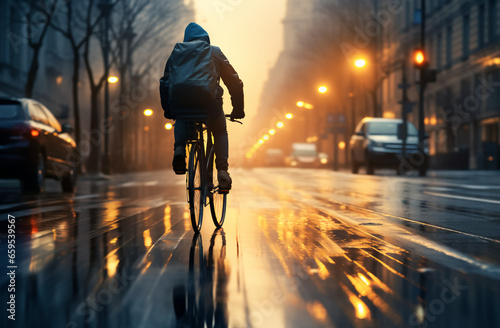 cyclist in traffic on the city roadway motion blur bicycle night