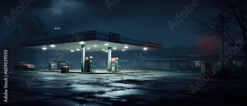 Horizontal shot of a generic unbranded gas station at night